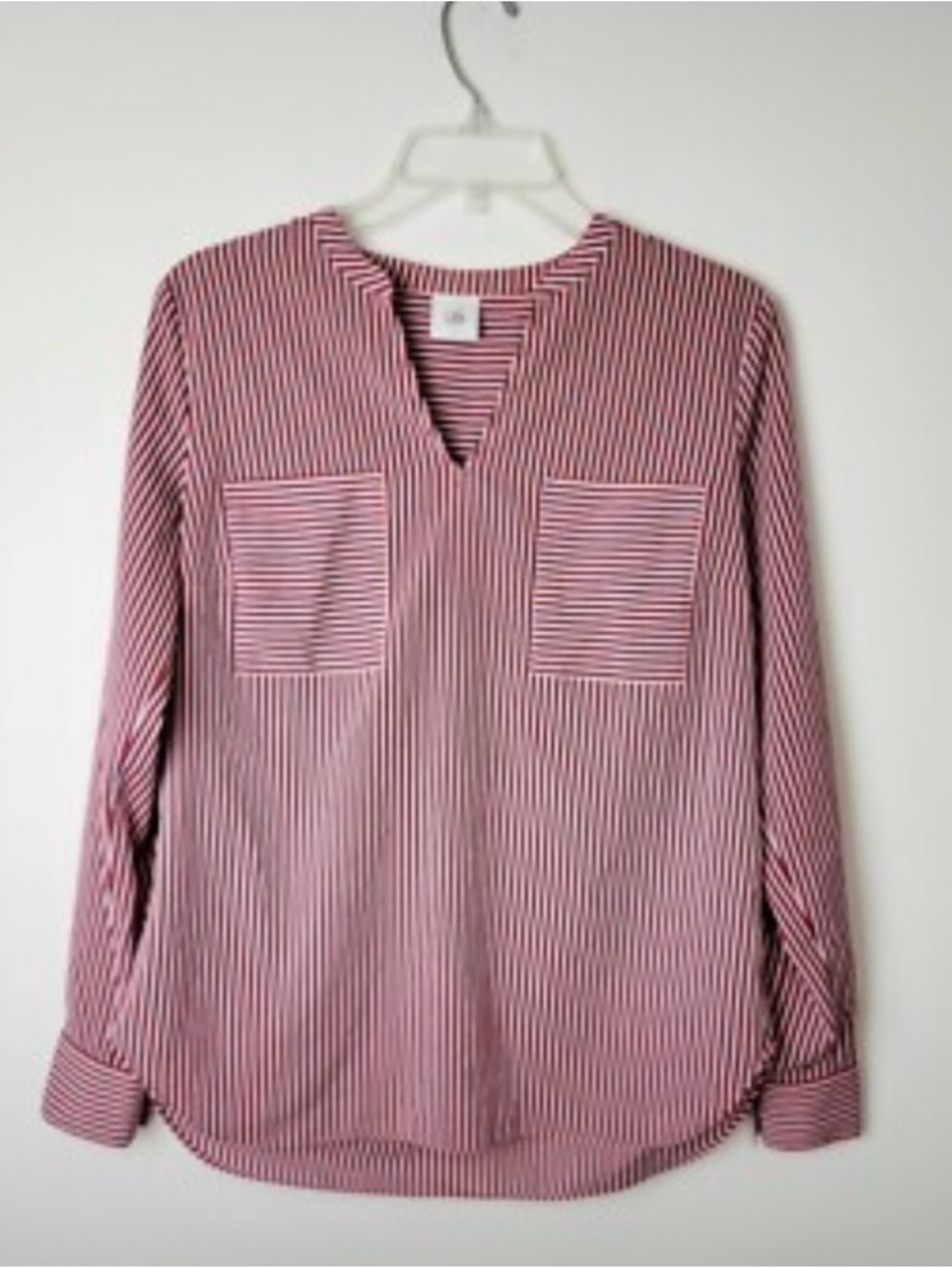 Cabi Striped V-Neck Long Sleeve Top in Red and blue. Large.